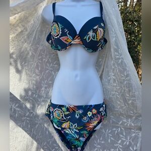 Navy Floral Underwire Bikini Set - Women's Swim